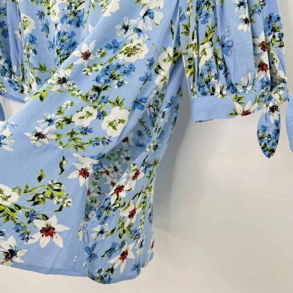 Banana Republic Floral Keyhole Peplum Top In Light Blue With Tie Sleeves